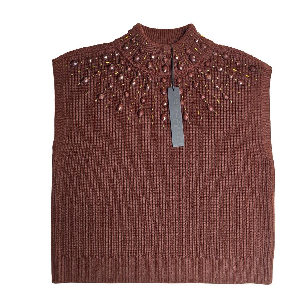 House of Harlow 1960 Beaded Sweater Vest Small Brown Ribbed Knit Mock Neck NWT
